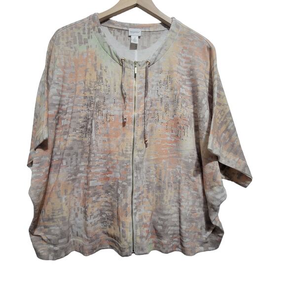 Zenergy by Chico's Zip Up Batwing Short Sleeve Cardigan Jacket Top Rhinestones L - Picture 1 of 10